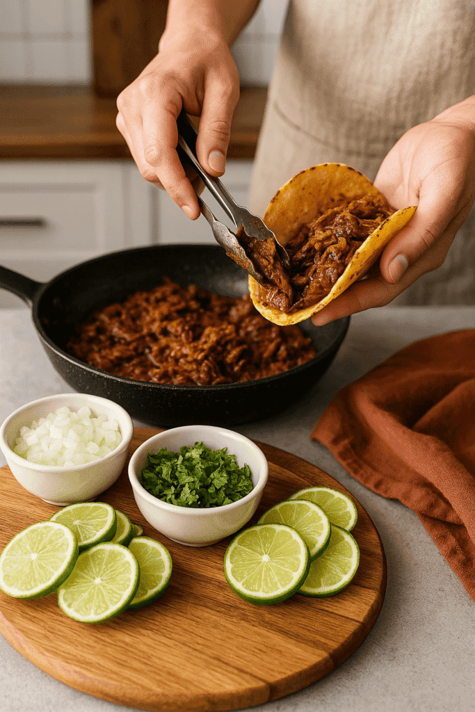 Hands filling a birria taco with shredded beef and cheese over a wooden board, showing the taco before pan-frying.