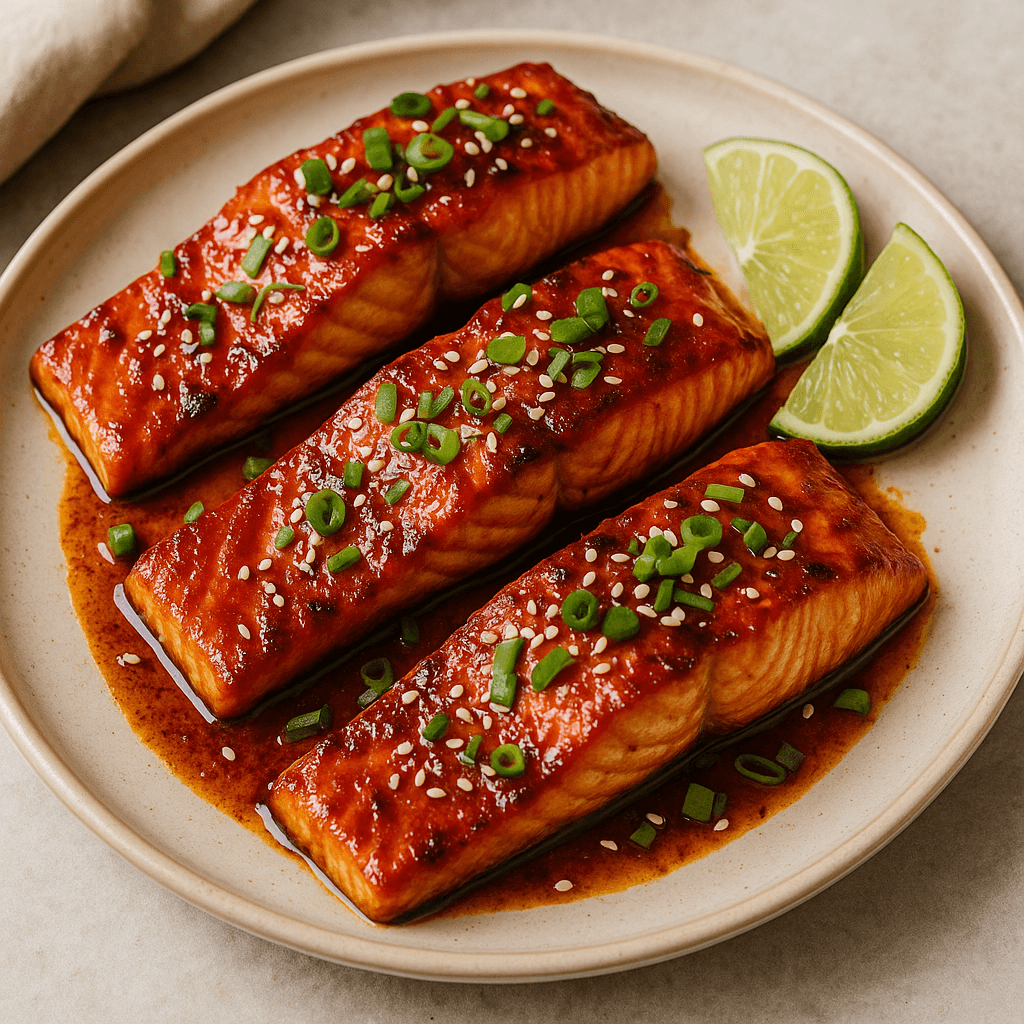 Overhead view of gochujang glazed salmon fillets on a ceramic plate, garnished with green onions, sesame seeds, and lime wedges, showcasing the glossy, caramelized glaze.