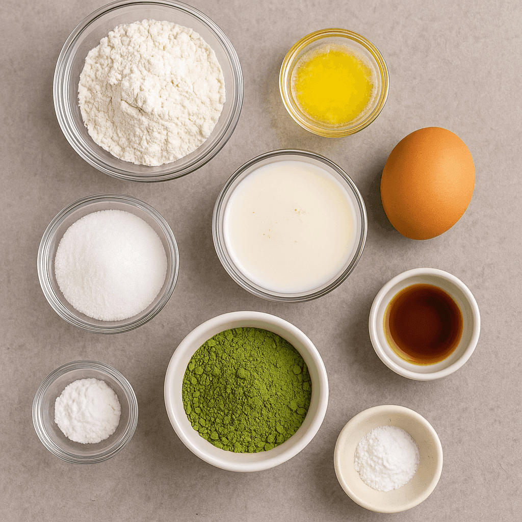 Overhead view of ingredients for Japanese matcha pancakes, including flour, eggs, matcha powder, sugar, vanilla extract, and milk, styled on a wooden surface with a whisk and bowl.