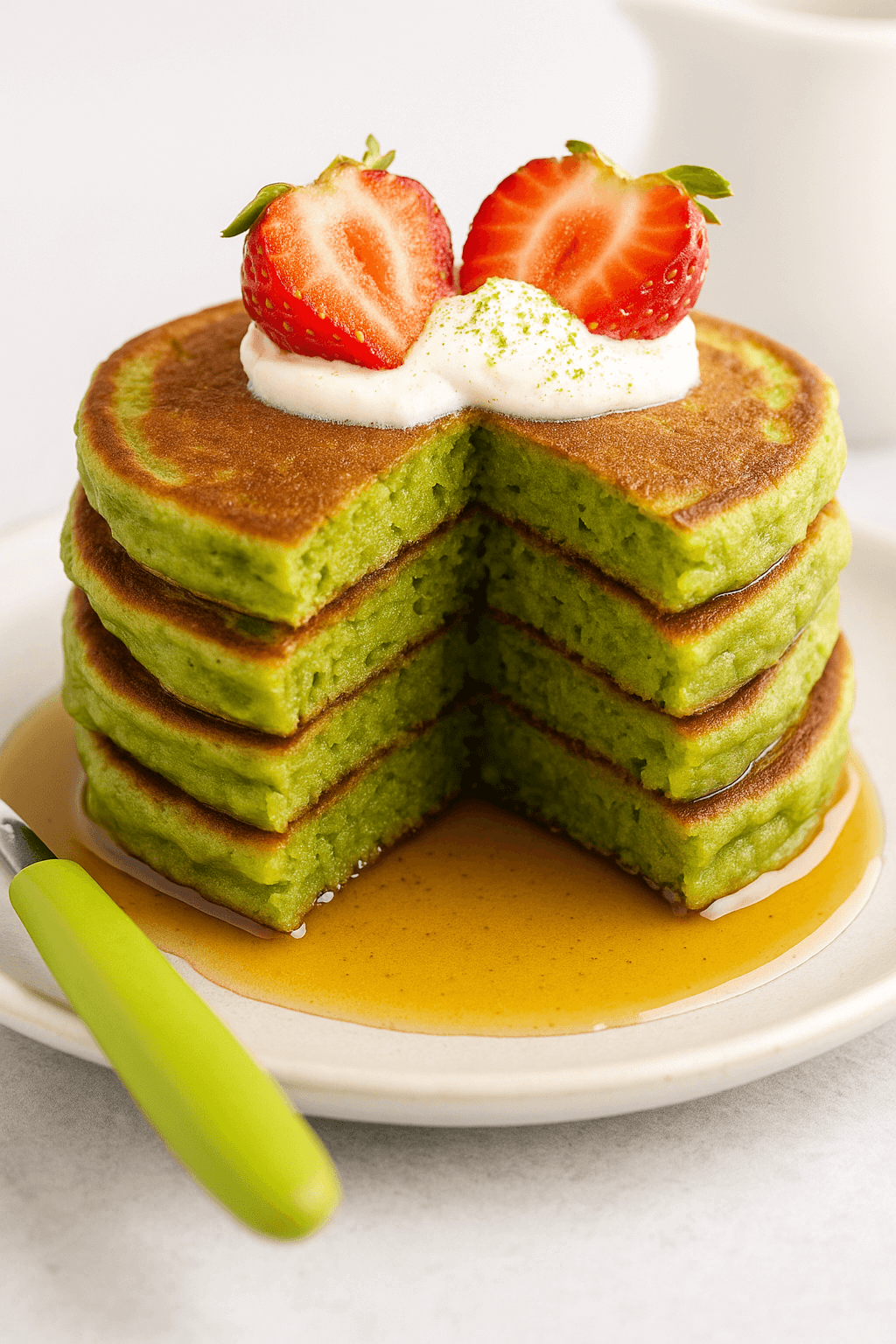 Close-up photo highlighting the soft, fluffy texture of matcha pancakes with whipped cream and fresh strawberries on top, showcasing the vibrant green hue.