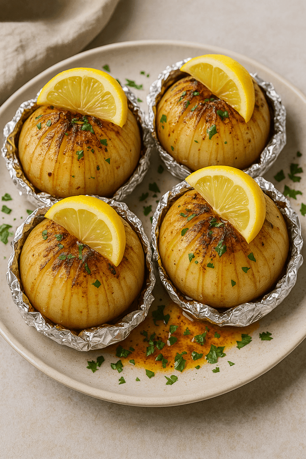 Top-down view of four foil-wrapped roasted onions topped with lemon slices and parsley, served on a ceramic plate with Cajun butter melting into the layers, photographed by Sam from ReadyPrepMeals.