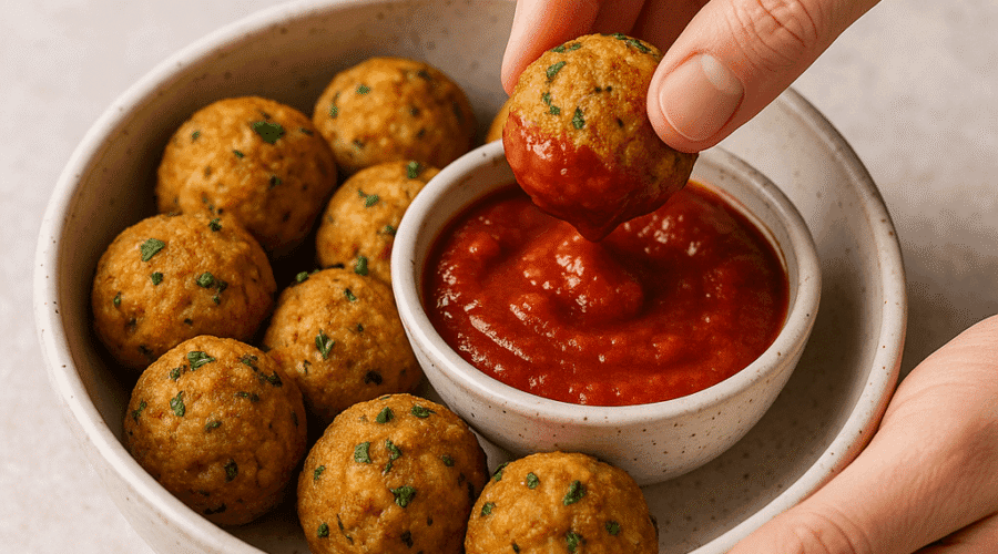 Hands dipping a golden-brown tofu meatball into marinara sauce, served in a rustic bowl filled with parsley-garnished meatballs, photographed by Sam from ReadyPrepMeals.