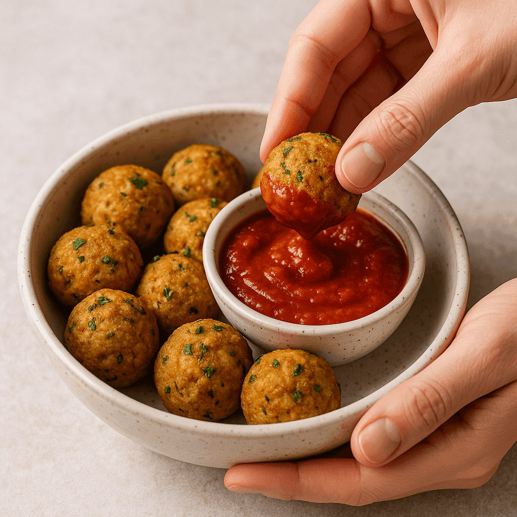 Hands dipping a golden-brown tofu meatball into marinara sauce, served in a rustic bowl filled with parsley-garnished meatballs, photographed by Sam from ReadyPrepMeals.