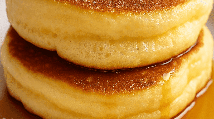 A close-up digital photograph captures a stack of two fluffy soufflé pancakes with powdered sugar and maple syrup on a white plate, highlighting their airy texture.
