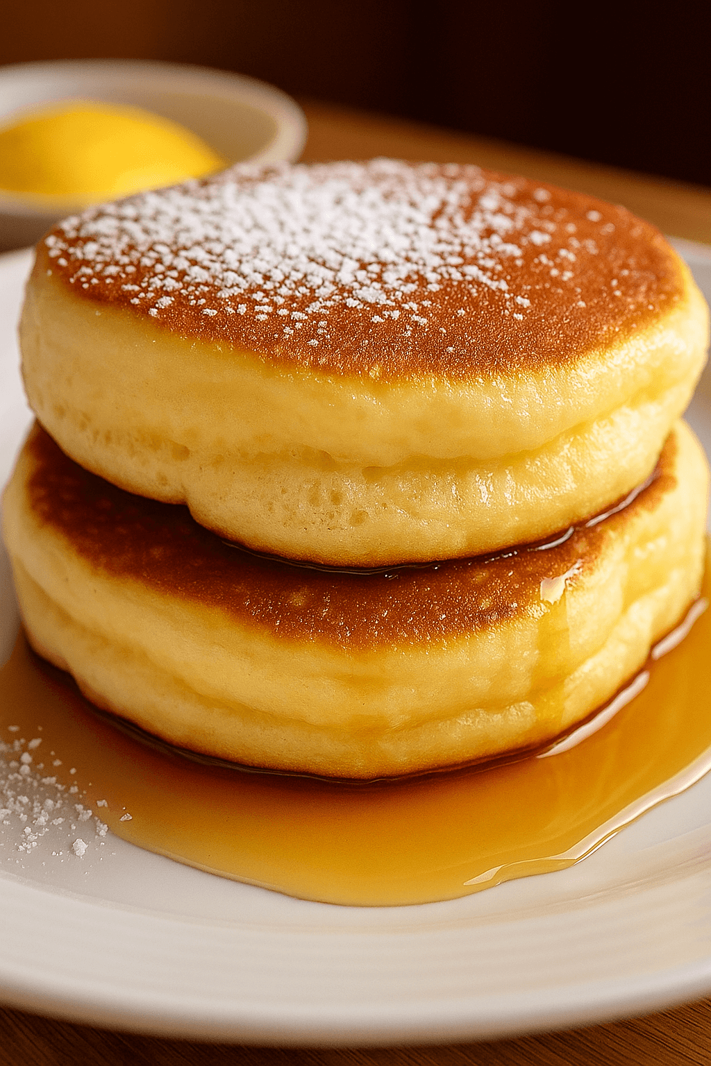 A close-up digital photograph captures a stack of two fluffy soufflé pancakes with powdered sugar and maple syrup on a white plate, highlighting their airy texture.