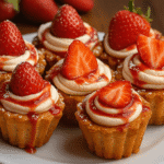 A close-up digital photograph showcases six strawberries and cream cruffins topped with whipped cream, strawberry sauce, and fresh strawberries on a white plate.