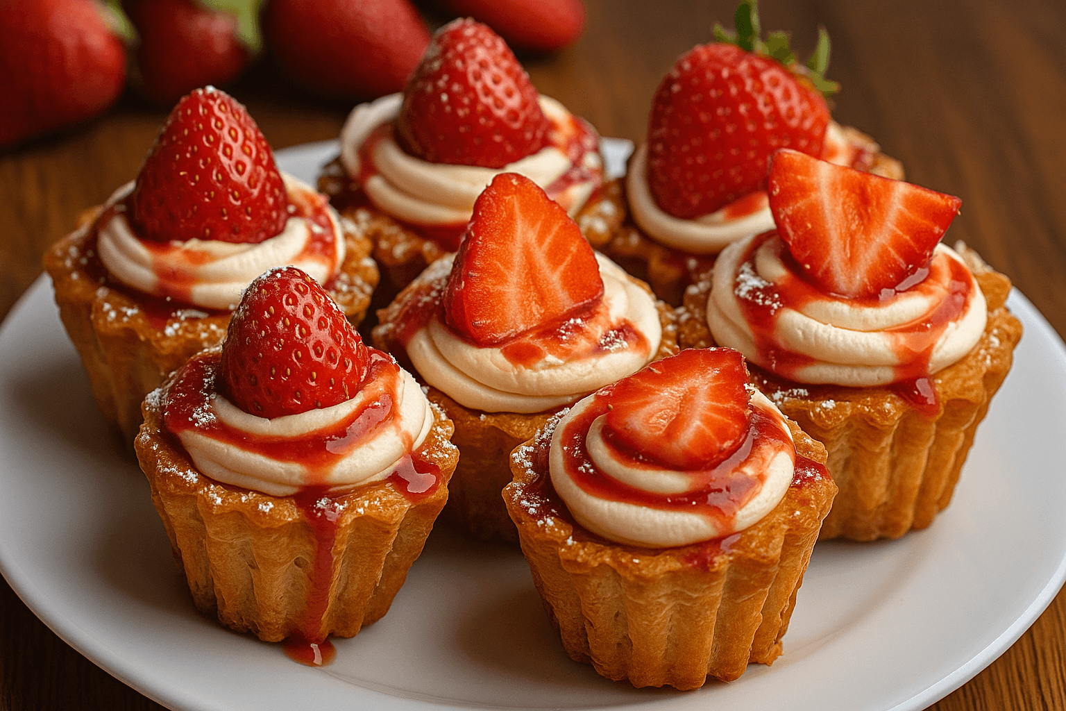 A close-up digital photograph showcases six strawberries and cream cruffins topped with whipped cream, strawberry sauce, and fresh strawberries on a white plate.