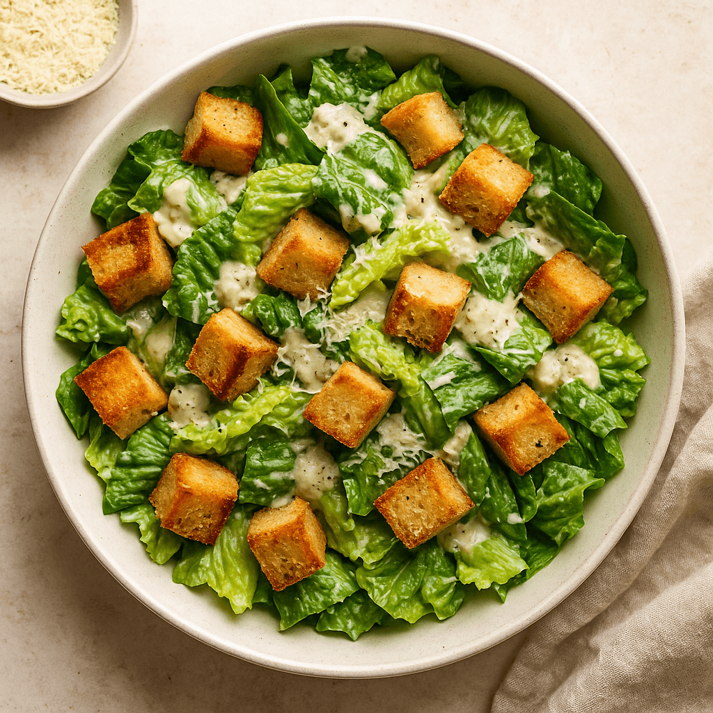 A top view of a vegan Caesar salad in a large white bowl, featuring crisp romaine lettuce, golden croutons, and creamy aquafaba-based dressing, sprinkled with vegan Parmesan and fresh cracked pepper.