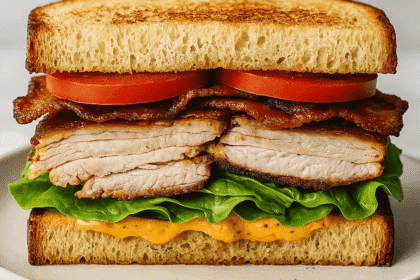 A clean, front-facing shot of a stacked turkey club sandwich with golden toasted bread, crisp lettuce, juicy tomato slices, crispy bacon, and layers of thick turkey, photographed on a white plate for a rustic homemade presentation.
