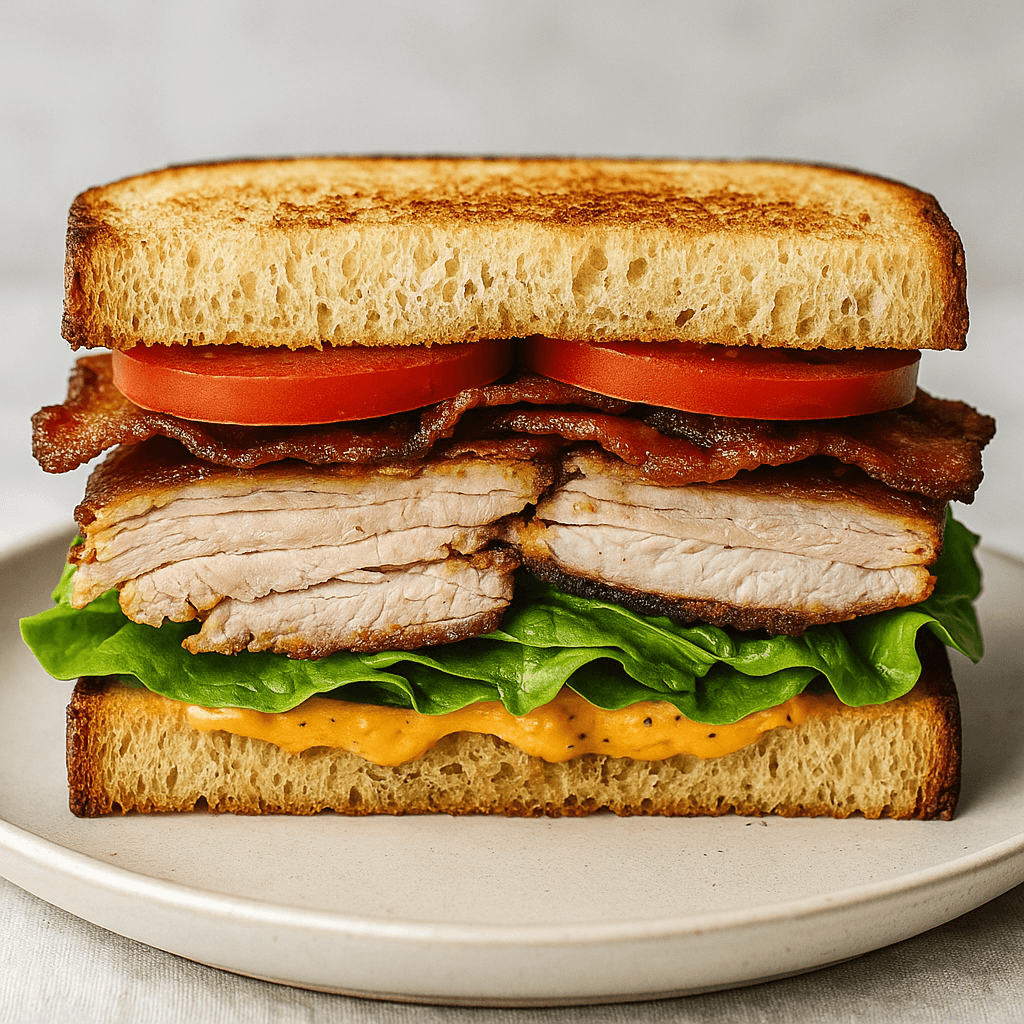 A clean, front-facing shot of a stacked turkey club sandwich with golden toasted bread, crisp lettuce, juicy tomato slices, crispy bacon, and layers of thick turkey, photographed on a white plate for a rustic homemade presentation.