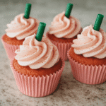 A top-angle photo of four Strawberries and Cream Frappuccino Cupcakes in pink liners, swirled with pink whipped cream frosting and topped with green straws, resting on a marble countertop for a clean and vibrant café-style presentation.