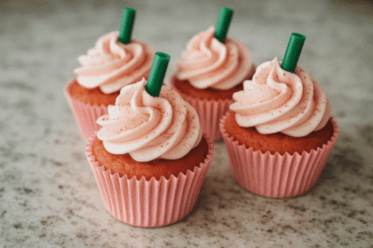 A top-angle photo of four Strawberries and Cream Frappuccino Cupcakes in pink liners, swirled with pink whipped cream frosting and topped with green straws, resting on a marble countertop for a clean and vibrant café-style presentation.