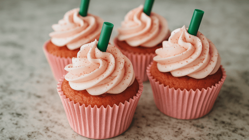 A top-angle photo of four Strawberries and Cream Frappuccino Cupcakes in pink liners, swirled with pink whipped cream frosting and topped with green straws, resting on a marble countertop for a clean and vibrant café-style presentation.