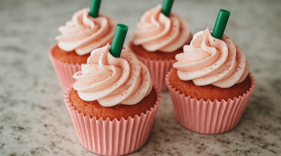 A top-angle photo of four Strawberries and Cream Frappuccino Cupcakes in pink liners, swirled with pink whipped cream frosting and topped with green straws, resting on a marble countertop for a clean and vibrant café-style presentation.