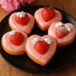 Four heart-shaped strawberry cheesecake donuts with pink glaze, fresh strawberries, and whipped cream, beautifully arranged on a matte black plate with a wooden table and pink flowers in the background.