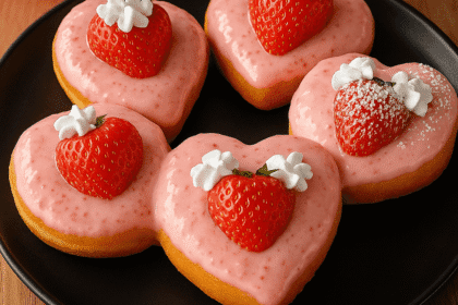 Four heart-shaped strawberry cheesecake donuts with pink glaze, fresh strawberries, and whipped cream, beautifully arranged on a matte black plate with a wooden table and pink flowers in the background.
