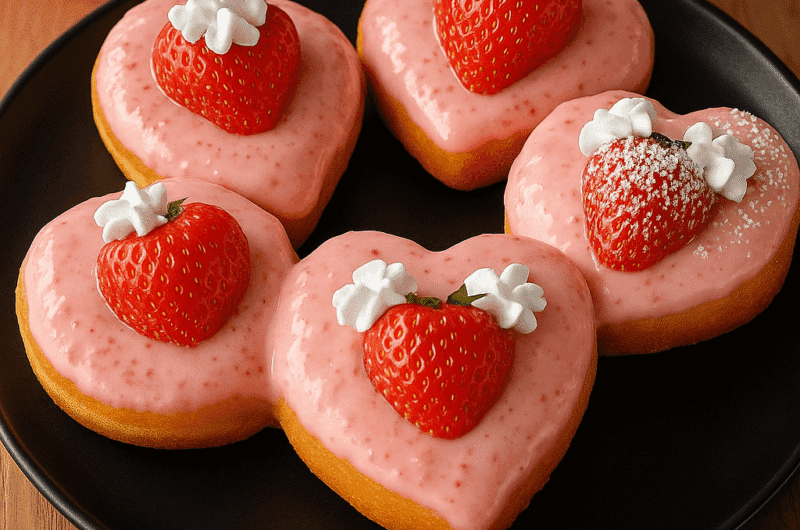 Fluffy Heart-Shaped Strawberry Cheesecake Donuts