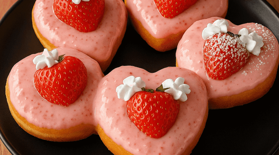 Four heart-shaped strawberry cheesecake donuts with pink glaze, fresh strawberries, and whipped cream, beautifully arranged on a matte black plate with a wooden table and pink flowers in the background.