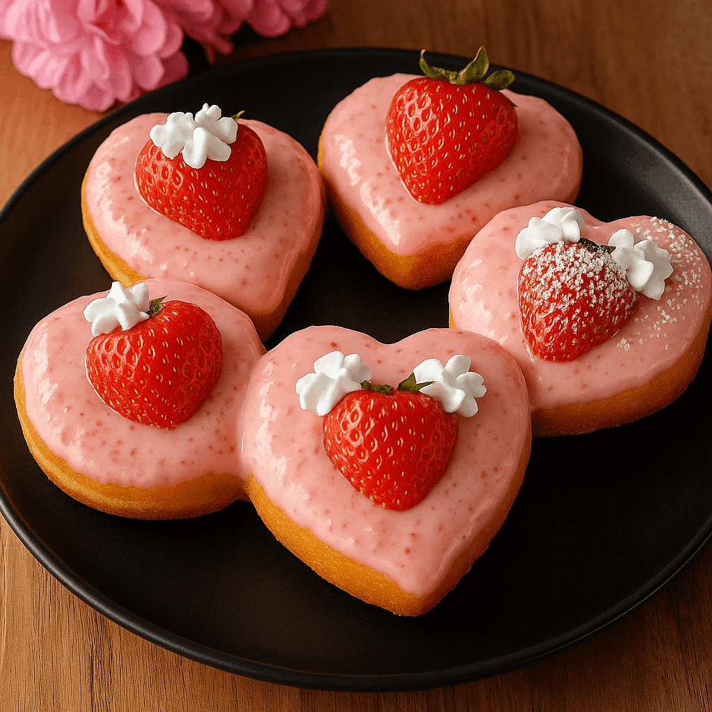 Four heart-shaped strawberry cheesecake donuts with pink glaze, fresh strawberries, and whipped cream, beautifully arranged on a matte black plate with a wooden table and pink flowers in the background.