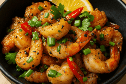 Close-up shot of golden crispy salt and pepper shrimp in a black bowl, garnished with red chili slices, green onions, fresh cilantro, and a lemon wedge on the side