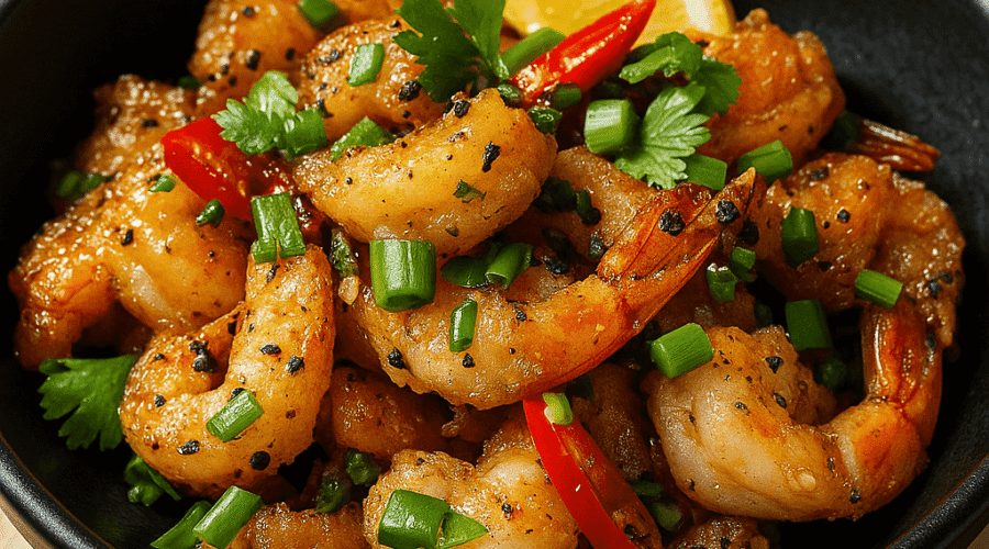 Close-up shot of golden crispy salt and pepper shrimp in a black bowl, garnished with red chili slices, green onions, fresh cilantro, and a lemon wedge on the side