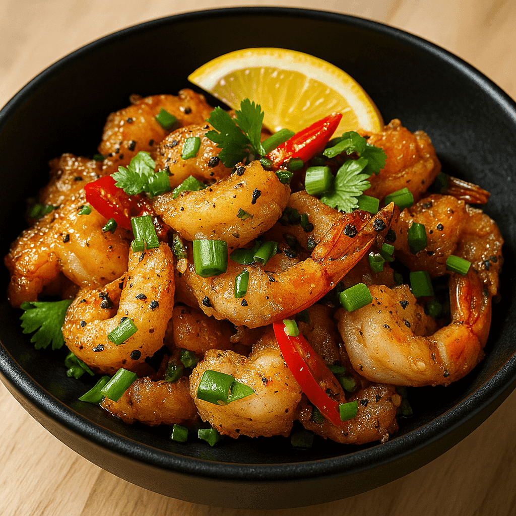 Close-up shot of golden crispy salt and pepper shrimp in a black bowl, garnished with red chili slices, green onions, fresh cilantro, and a lemon wedge on the side