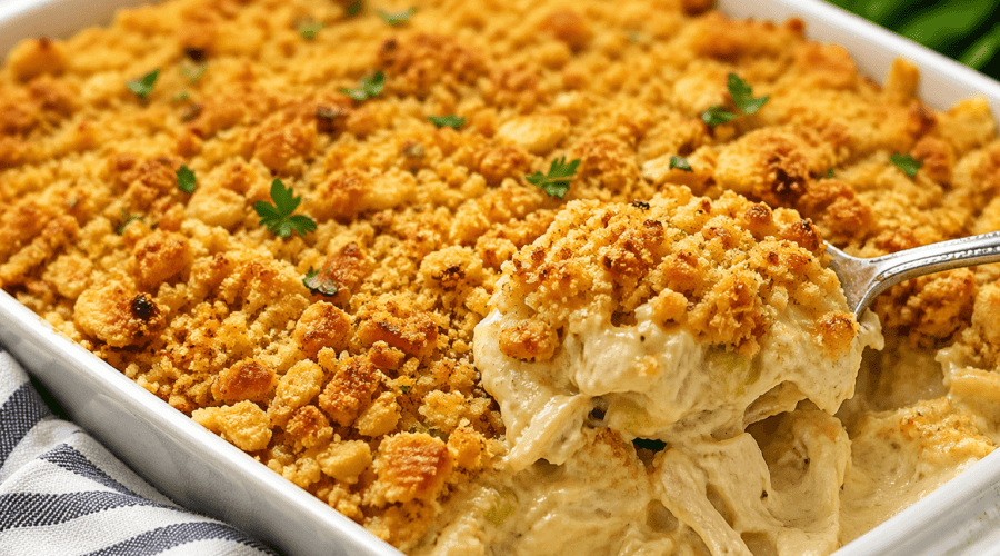 Creamy chicken casserole with crispy Ritz cracker topping being served from a baking dish