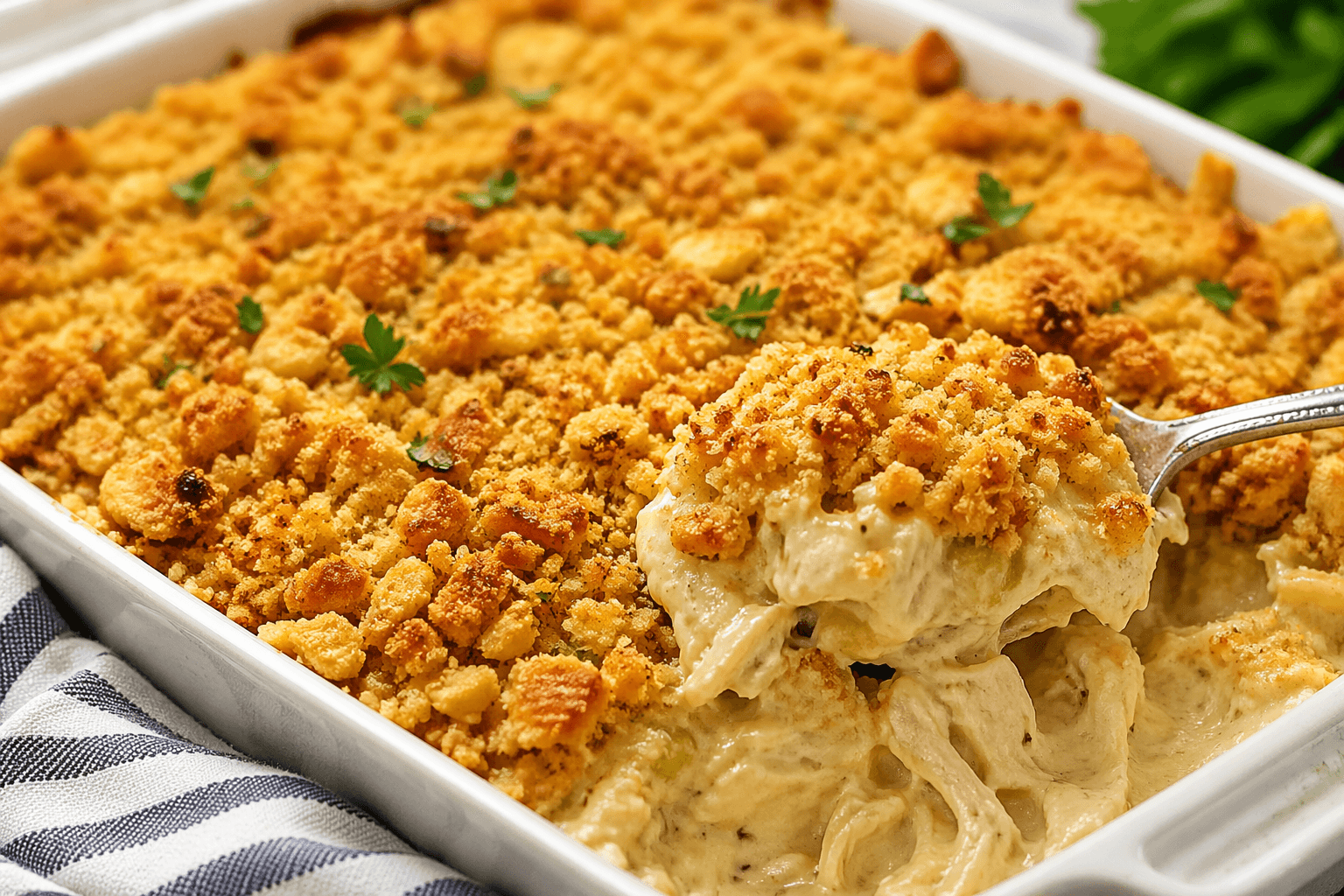 Creamy chicken casserole with crispy Ritz cracker topping being served from a baking dish