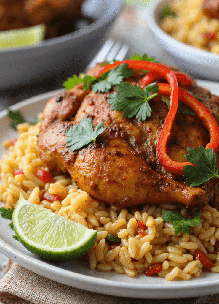Spiced Caribbean chicken thigh served over creamy coconut rice, garnished with lime, red bell pepper, and parsley.