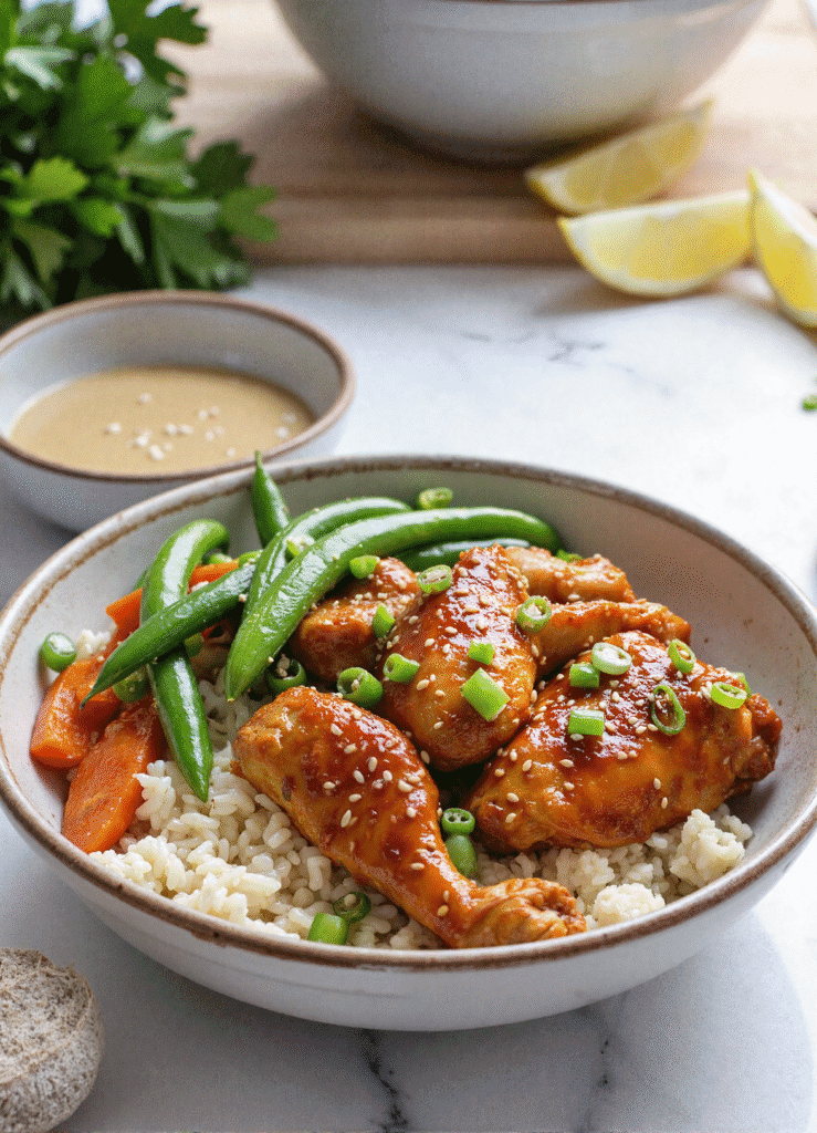 Healthy sesame chicken bowl with snap peas, carrots, and brown rice in a ceramic bowl topped with sesame seeds and green onions.