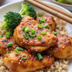 Sesame chicken breast with sesame seeds and green onions over brown rice and steamed broccoli.