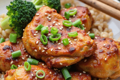 Sesame chicken breast with sesame seeds and green onions over brown rice and steamed broccoli.