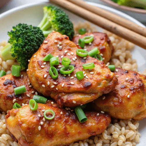Sesame chicken breast with sesame seeds and green onions over brown rice and steamed broccoli.