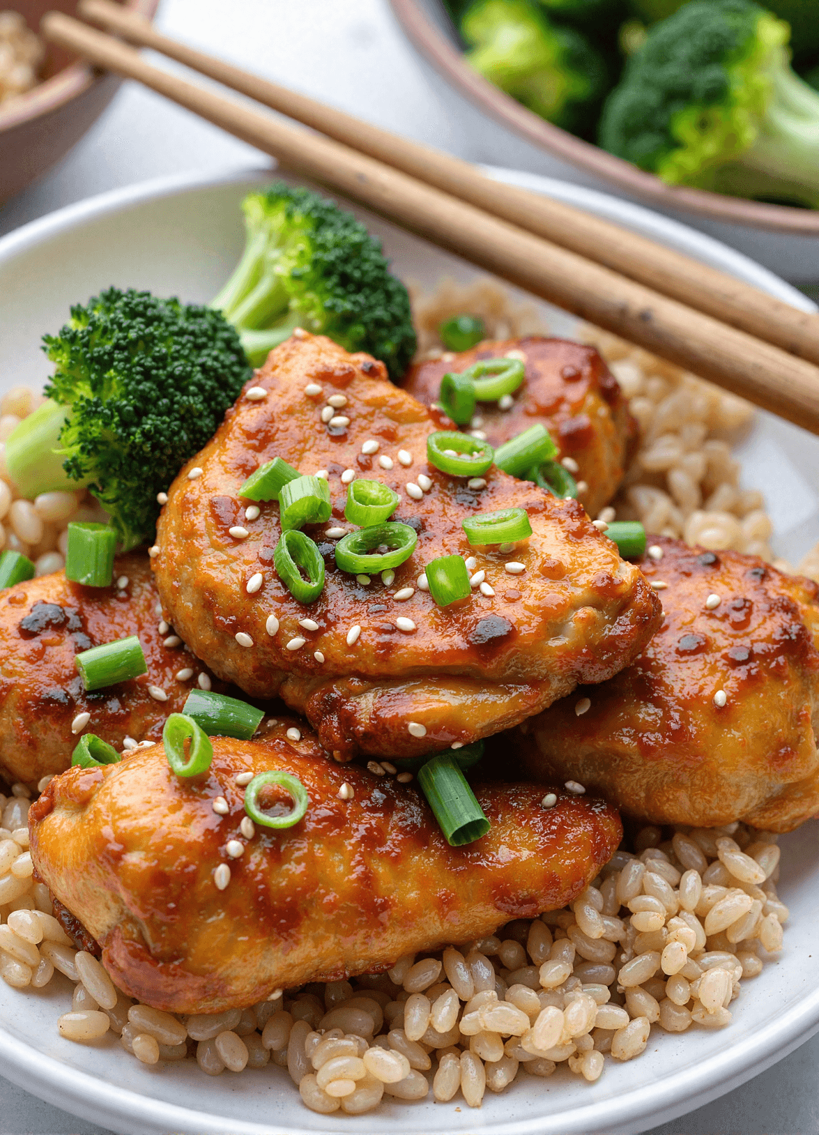 Sesame chicken breast with sesame seeds and green onions over brown rice and steamed broccoli.