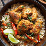 Island-style chicken drumsticks and thighs cooked with coconut rice, lime wedges, and red bell peppers in a cast iron pot.