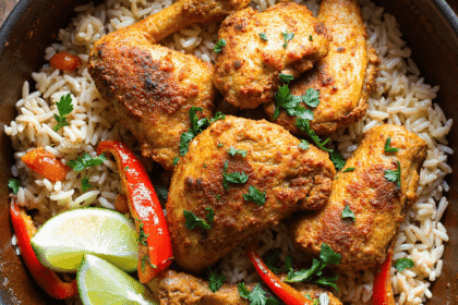Island-style chicken drumsticks and thighs cooked with coconut rice, lime wedges, and red bell peppers in a cast iron pot.