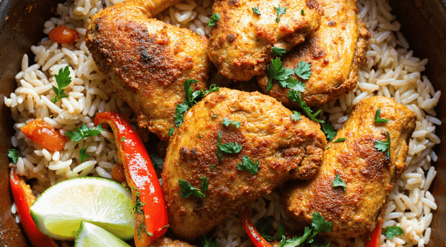 Island-style chicken drumsticks and thighs cooked with coconut rice, lime wedges, and red bell peppers in a cast iron pot.