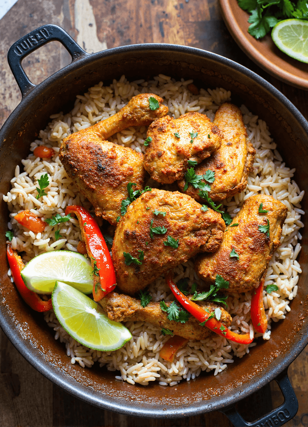 Island-style chicken drumsticks and thighs cooked with coconut rice, lime wedges, and red bell peppers in a cast iron pot.