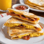 Stacked cheesy bacon egg breakfast quesadilla wedges served with salsa