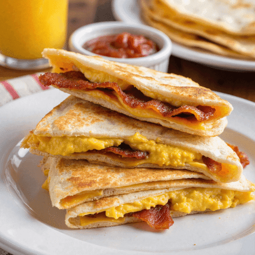Stacked cheesy bacon egg breakfast quesadilla wedges served with salsa