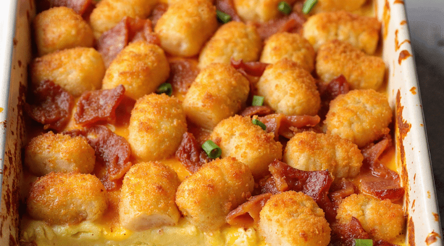 Golden brown bacon, egg, and tater tot casserole baked in a white dish with a crispy top and melted cheddar cheese.