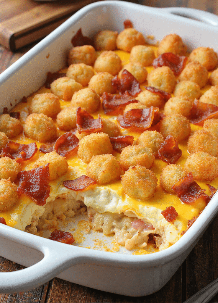 Side view of a sliced bacon, egg, and tater tot breakfast casserole topped with scallions in a white ceramic baking dish.