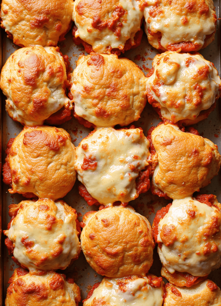 Baking tray of high protein pizza sliders with golden melted cheese on top.