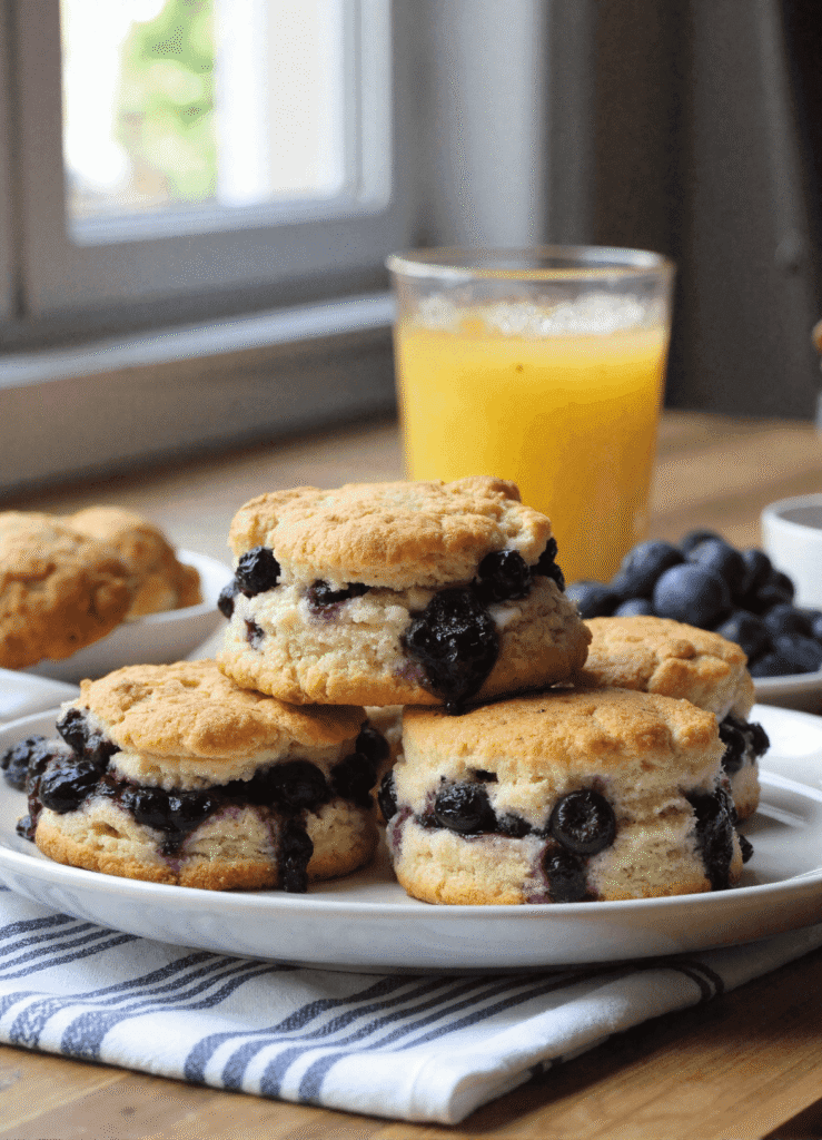 Stacked blueberry biscuits with golden tops and juicy berries on a white plate, served with orange juice and fresh blueberries in the background.