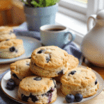 Homemade blueberry drop biscuits stacked on a ceramic plate with fresh blueberries and a morning coffee cup near a sunlit window.