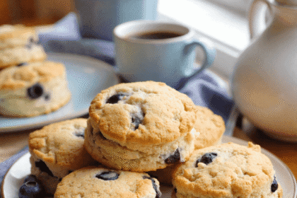 Homemade blueberry drop biscuits stacked on a ceramic plate with fresh blueberries and a morning coffee cup near a sunlit window.