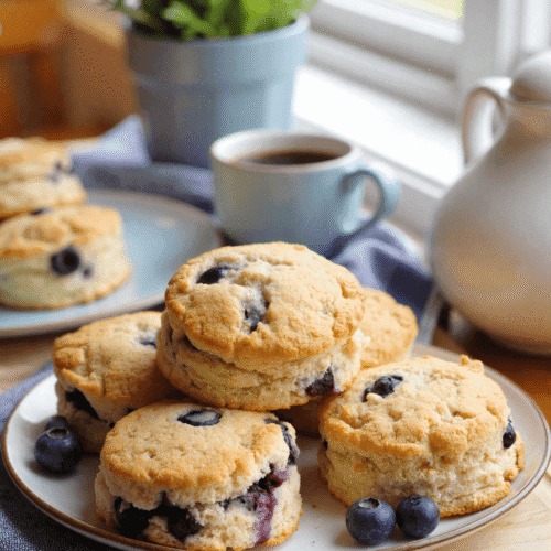 Homemade blueberry drop biscuits stacked on a ceramic plate with fresh blueberries and a morning coffee cup near a sunlit window.