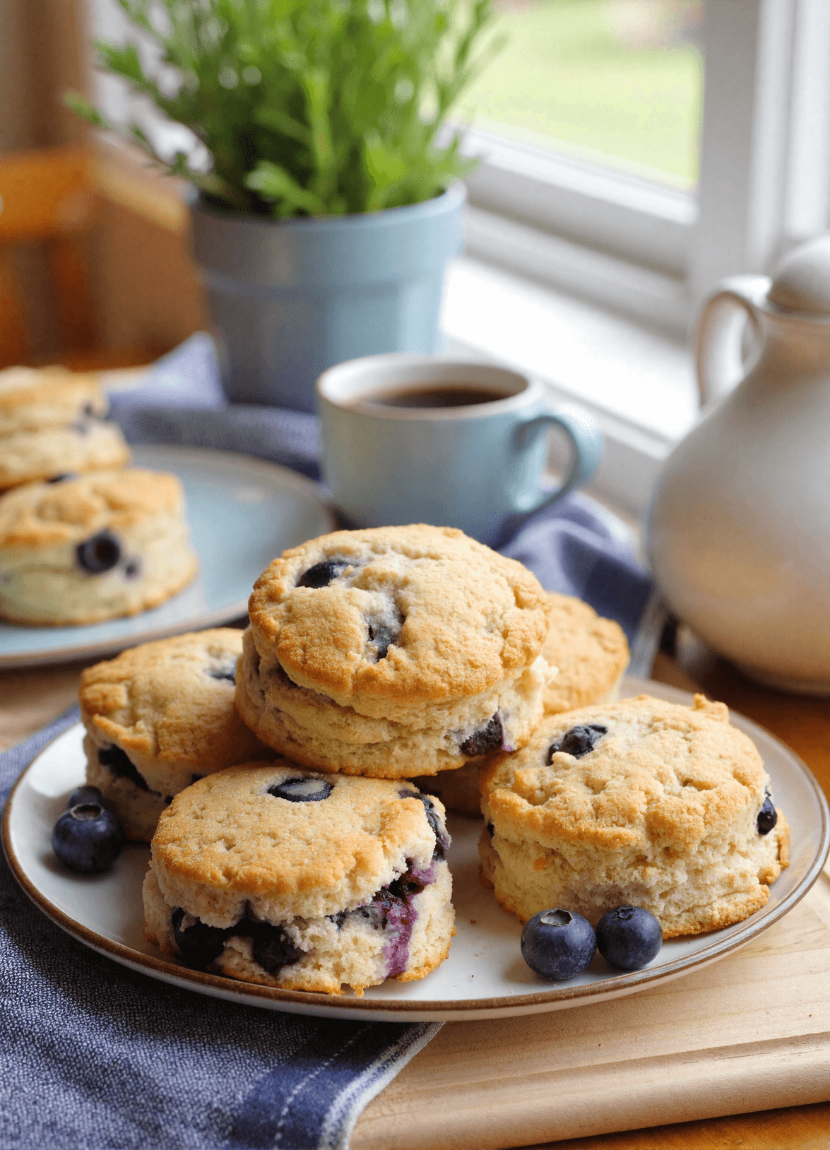 Homemade blueberry drop biscuits stacked on a ceramic plate with fresh blueberries and a morning coffee cup near a sunlit window.