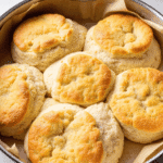 Freshly baked breakfast butter swim biscuits in a cast iron skillet lined with parchment paper, golden on top and fluffy inside.