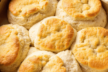 Freshly baked breakfast butter swim biscuits in a cast iron skillet lined with parchment paper, golden on top and fluffy inside.